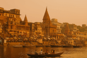 Tourists boating near Assi Ghat in Varanasi