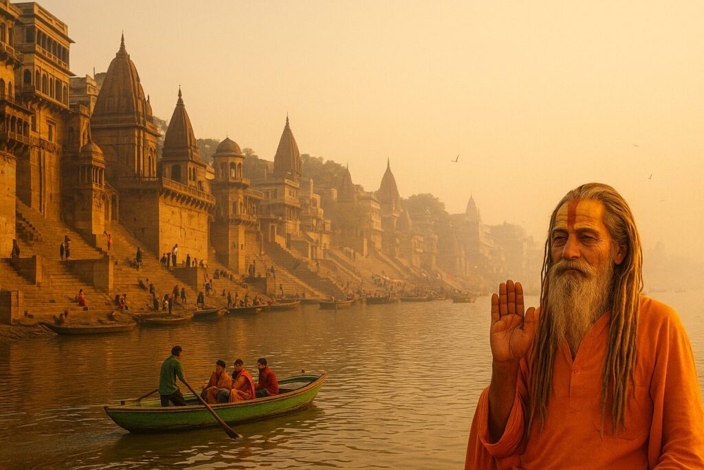 Sadhu at Varanasi ghats during sunrise with boat and temples along the Ganges